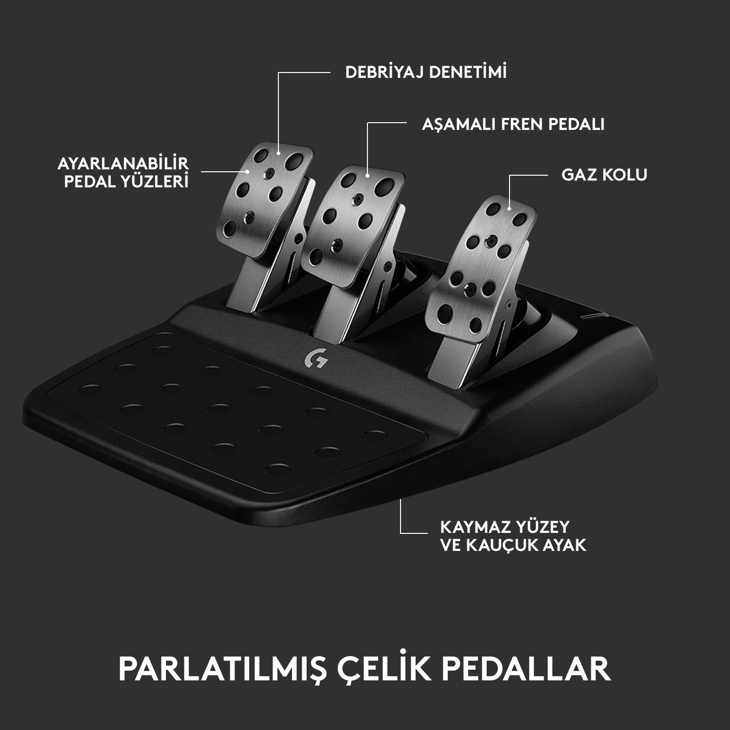 Üç pedallı ve kaymaz tabanlı oyun pedalı seti. Türkçe etiketli.