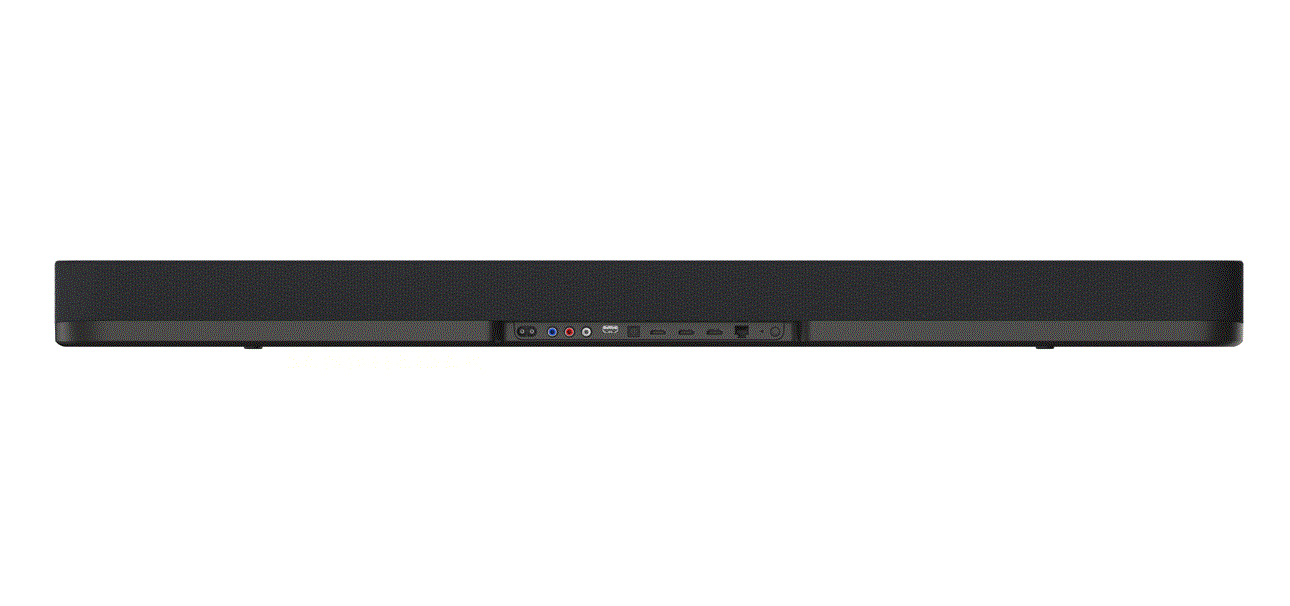 Arkada bağlantı noktaları olan uzun, siyah bir soundbar.