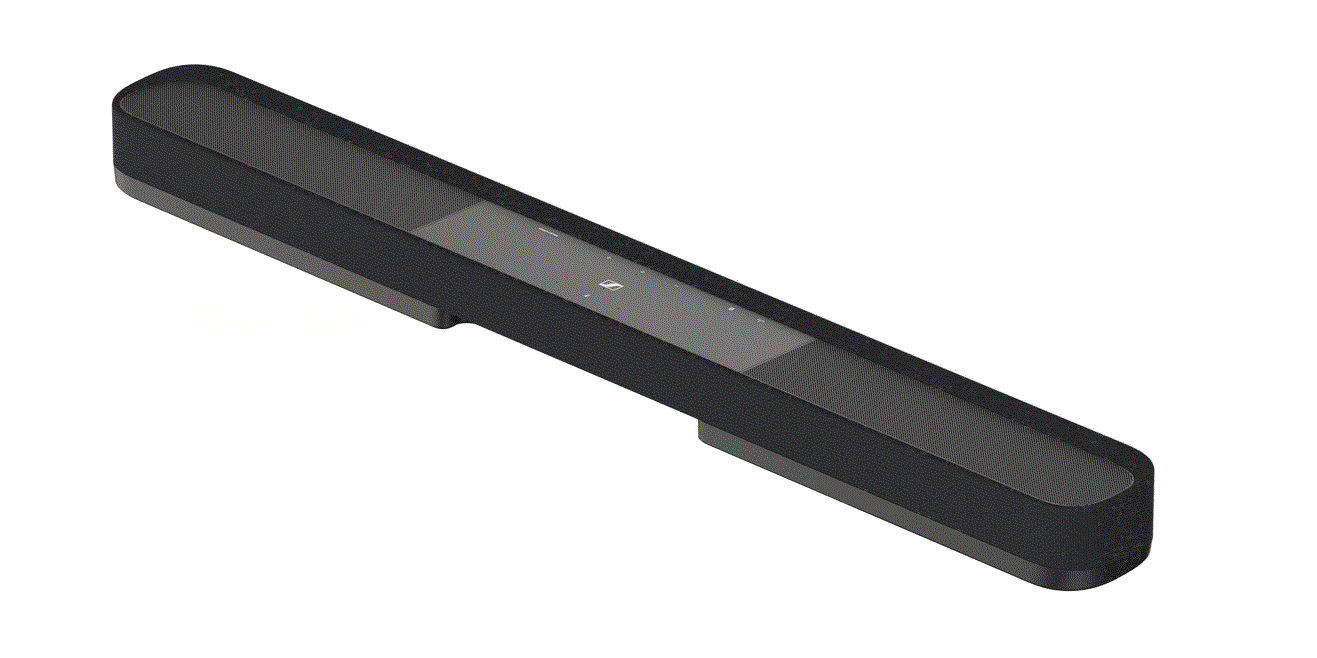 Bir logo ile siyah beyaz bir soundbar, açılı olarak görülüyor.