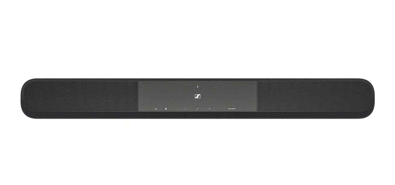Beyaz zemin üzerinde yuvarlak kenarlı siyah bir soundbar.