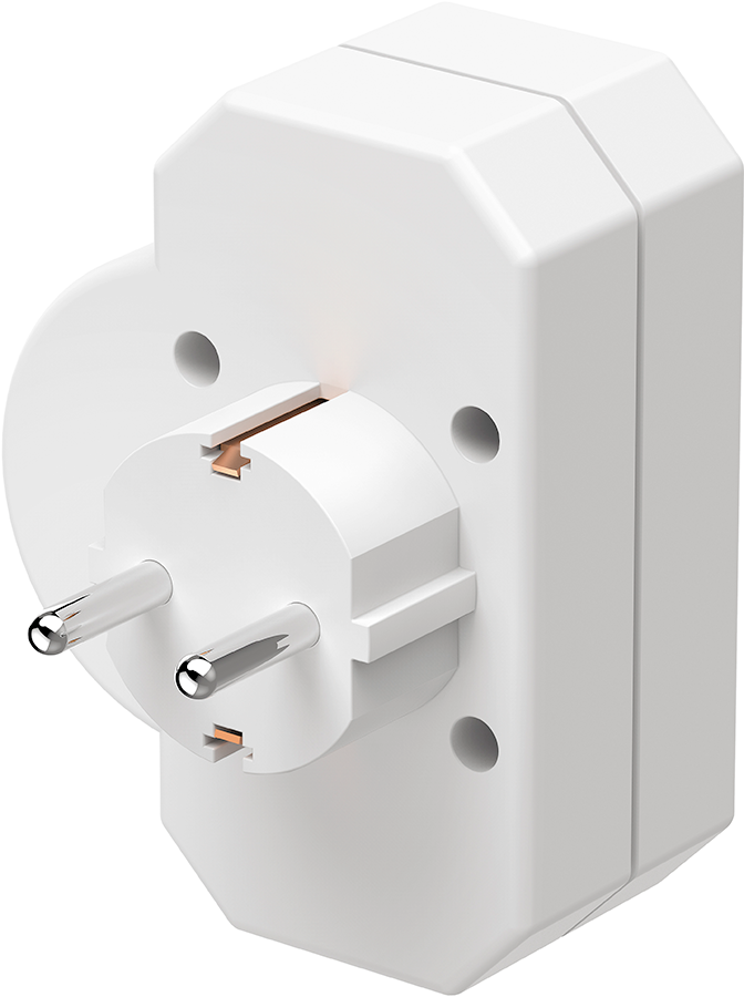 A white electrical outlet adapter. It has three prongs and a socket on the side. It is on a white background.