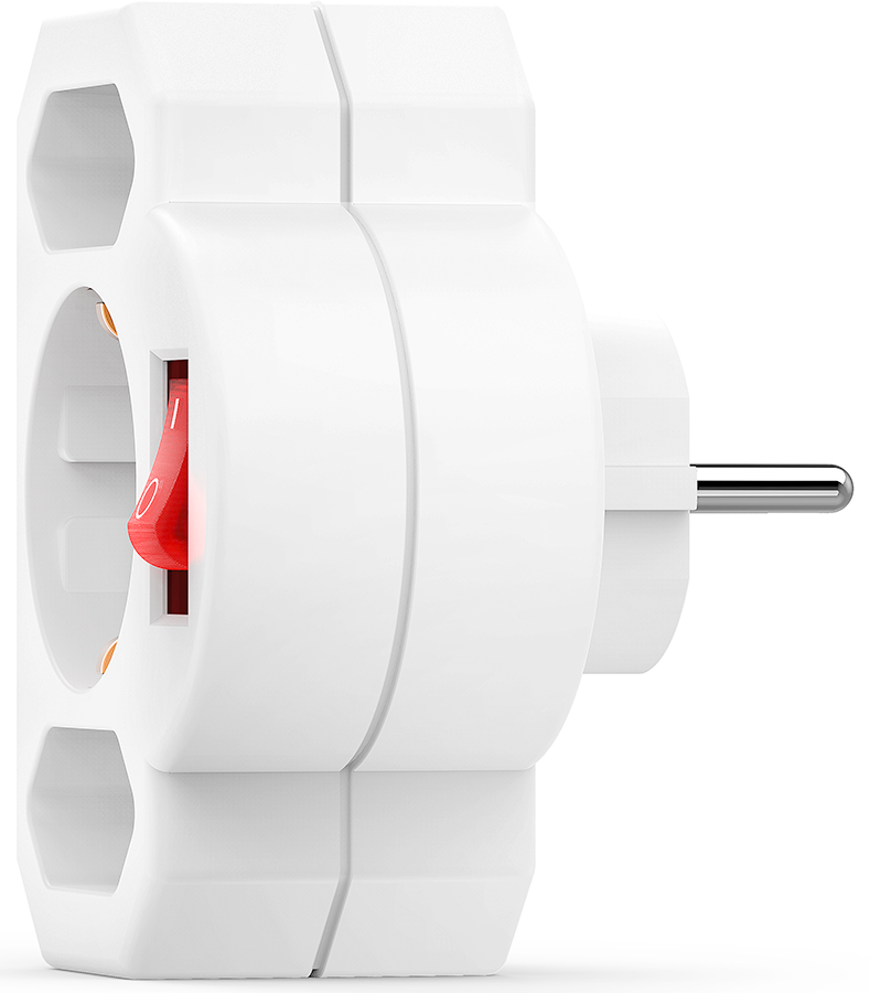A white power adapter with a red switch. It has three sockets and a plug.