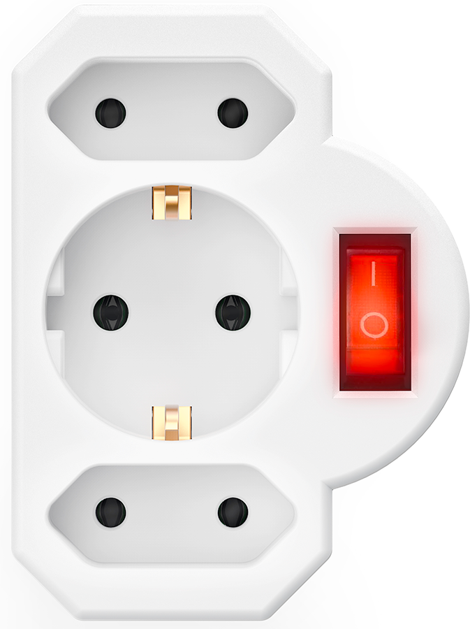 A white power adapter with three sockets and a red power switch.