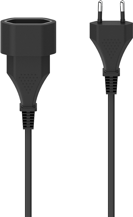 Black power cable with a European plug and socket. Black background.