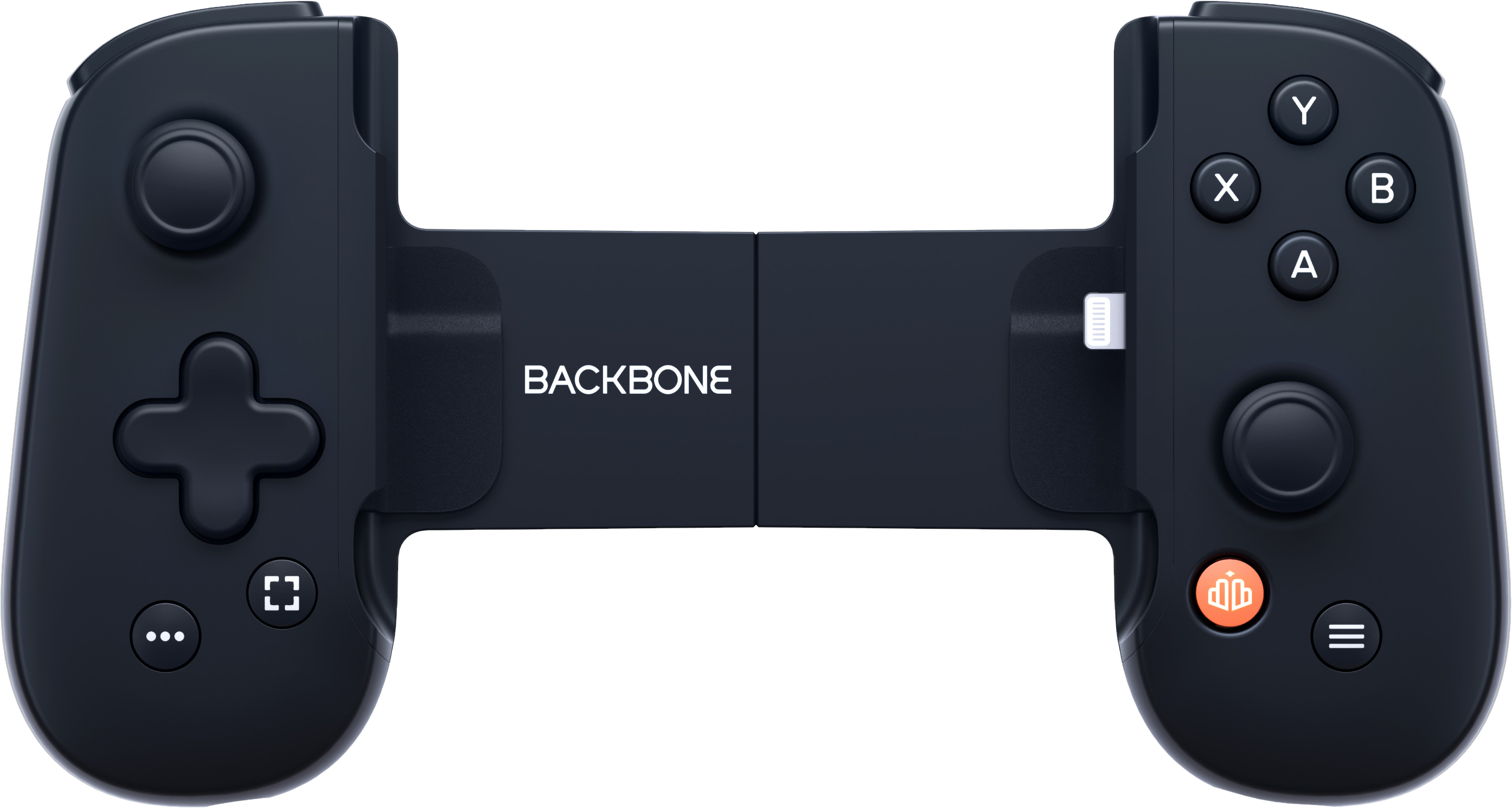 Schwarzer Gamecontroller mit Knöpfen, Steuerkreuz und dem Wort 'BACKBONE' auf der Mittelstange.