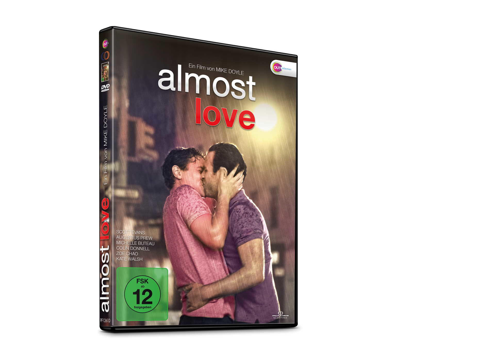 DVD-Cover für 'Almost Love' mit zwei Männern, die sich im Regen küssen.
