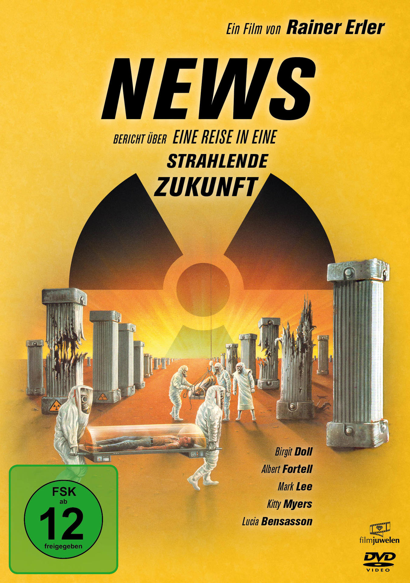 DVD-Hülle für 'NEWS'. Personen in Schutzanzügen in einer postapokalyptischen Umgebung. Gelber Hintergrund.