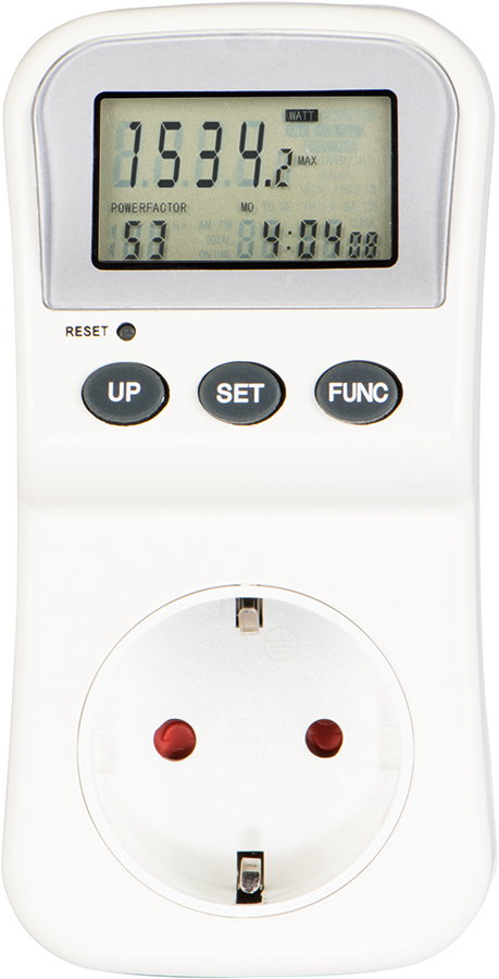 White electric meter with buttons and a display showing numbers.