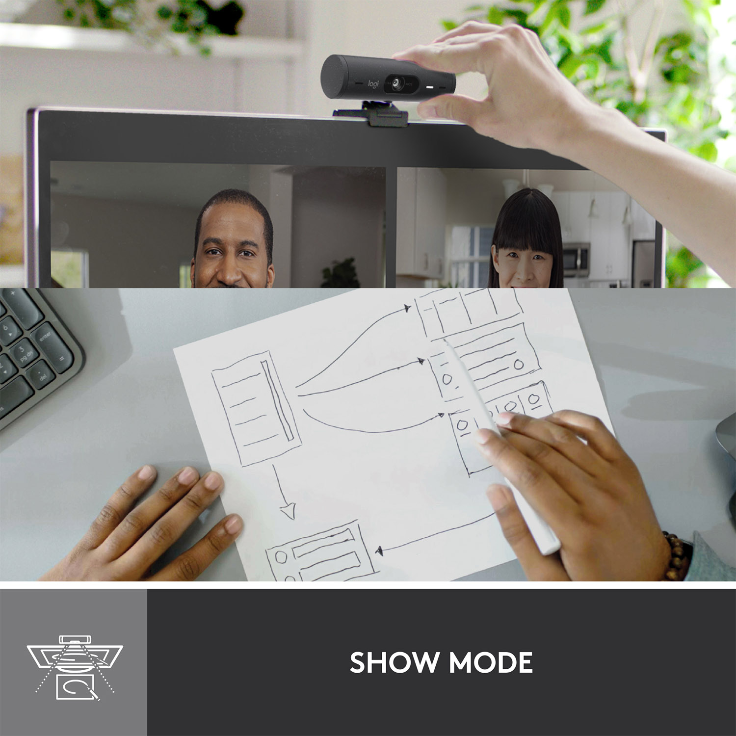 Persona che tiene una webcam, mostrando due persone sullo schermo e un disegno su carta.