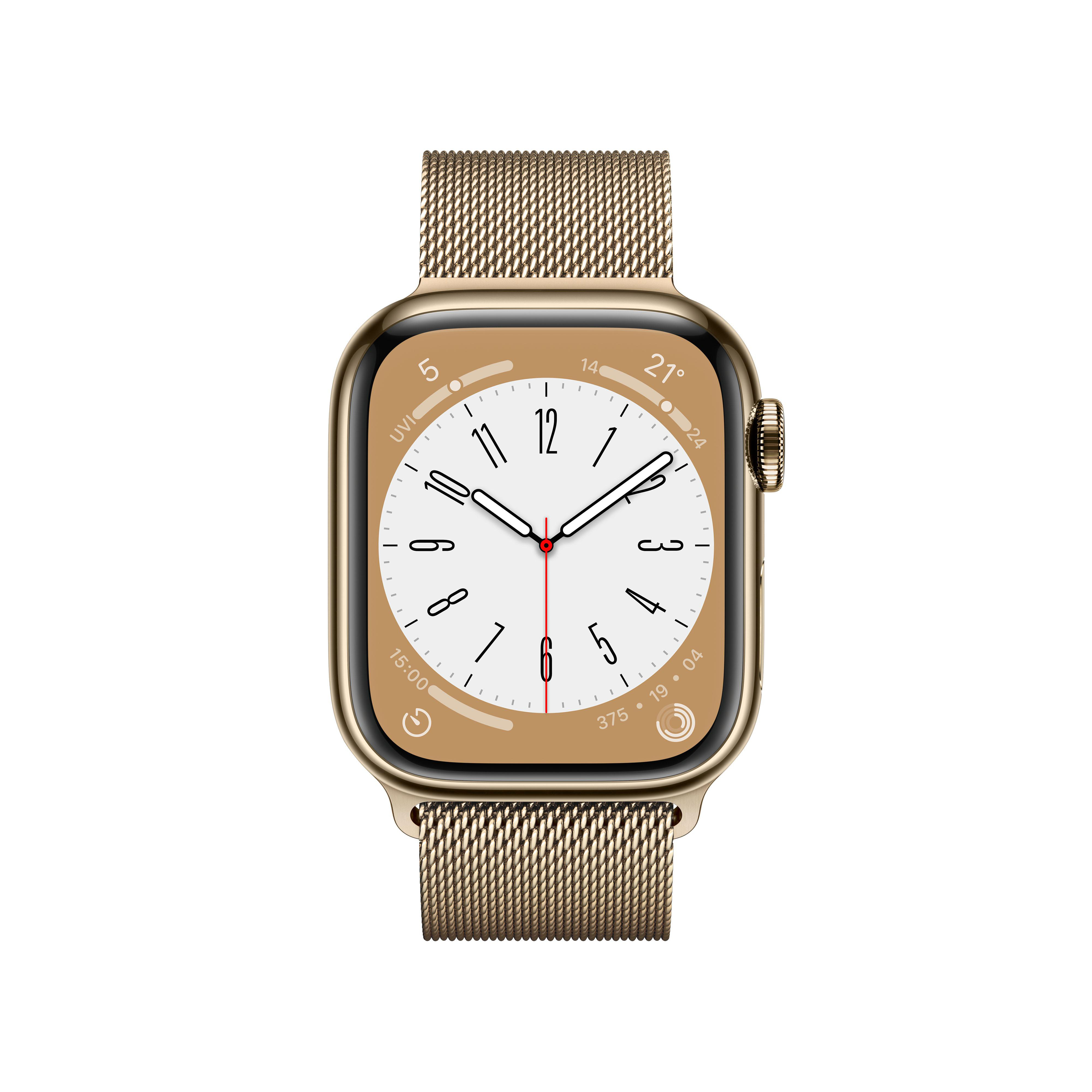 APPLE Watch Series 8 (GPS + Cellular) 41 mm Smartwatch Edelstahl Milanaise, 130 - 200 mm, Armband: Gold, Gehäuse: Gold