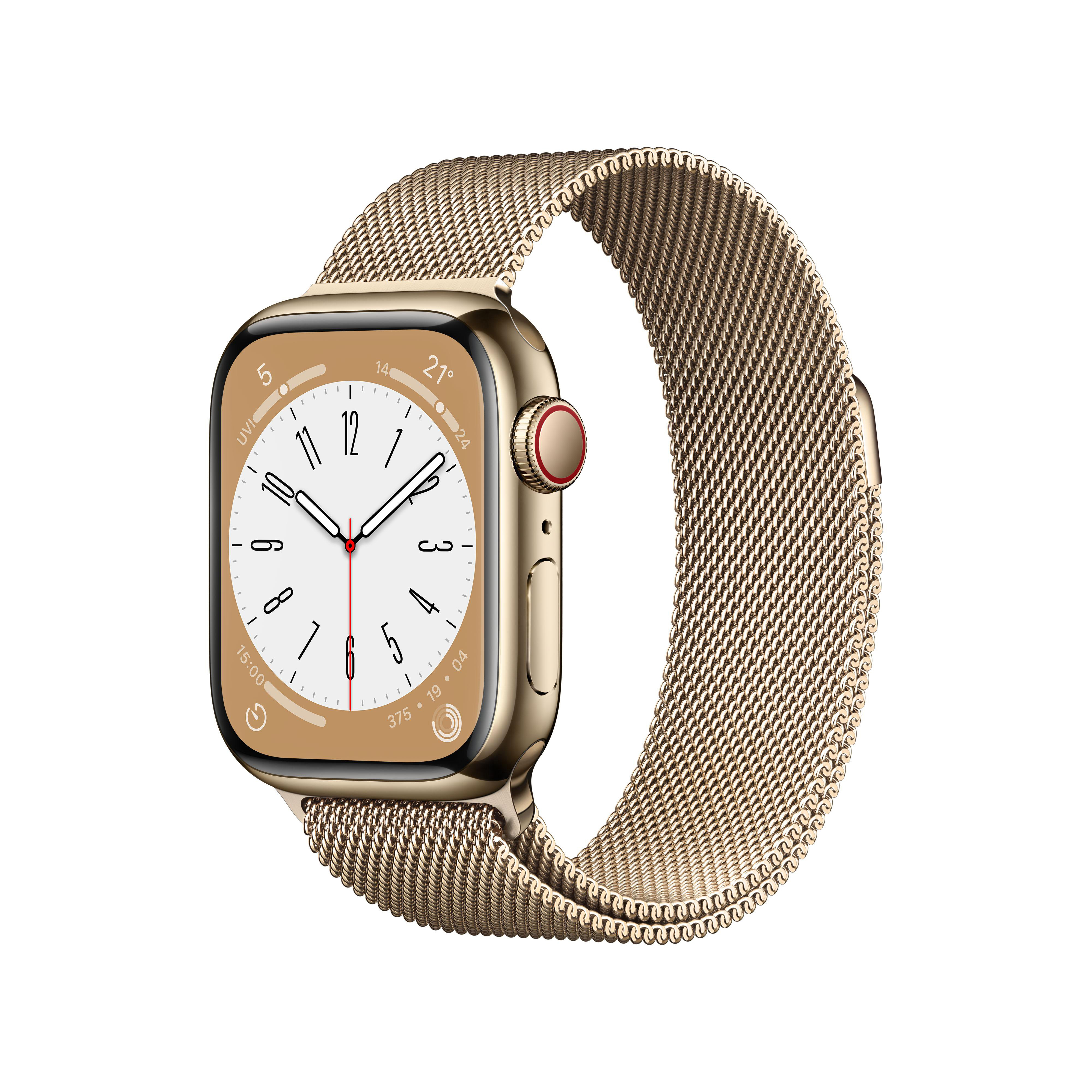 APPLE Watch Series 8 (GPS + Cellular) 41 mm Smartwatch Edelstahl Milanaise, 130 - 200 mm, Armband: Gold, Gehäuse: Gold