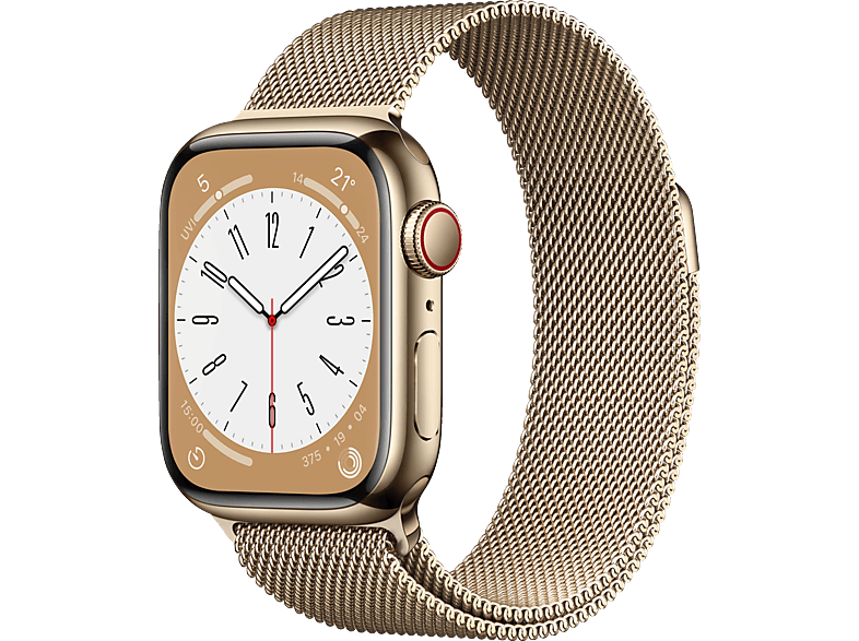 APPLE Watch Series 8 (GPS + Cellular) 41 mm Smartwatch Edelstahl Milanaise, 130 - 200 mm, Armband: Gold, Gehäuse: Gold