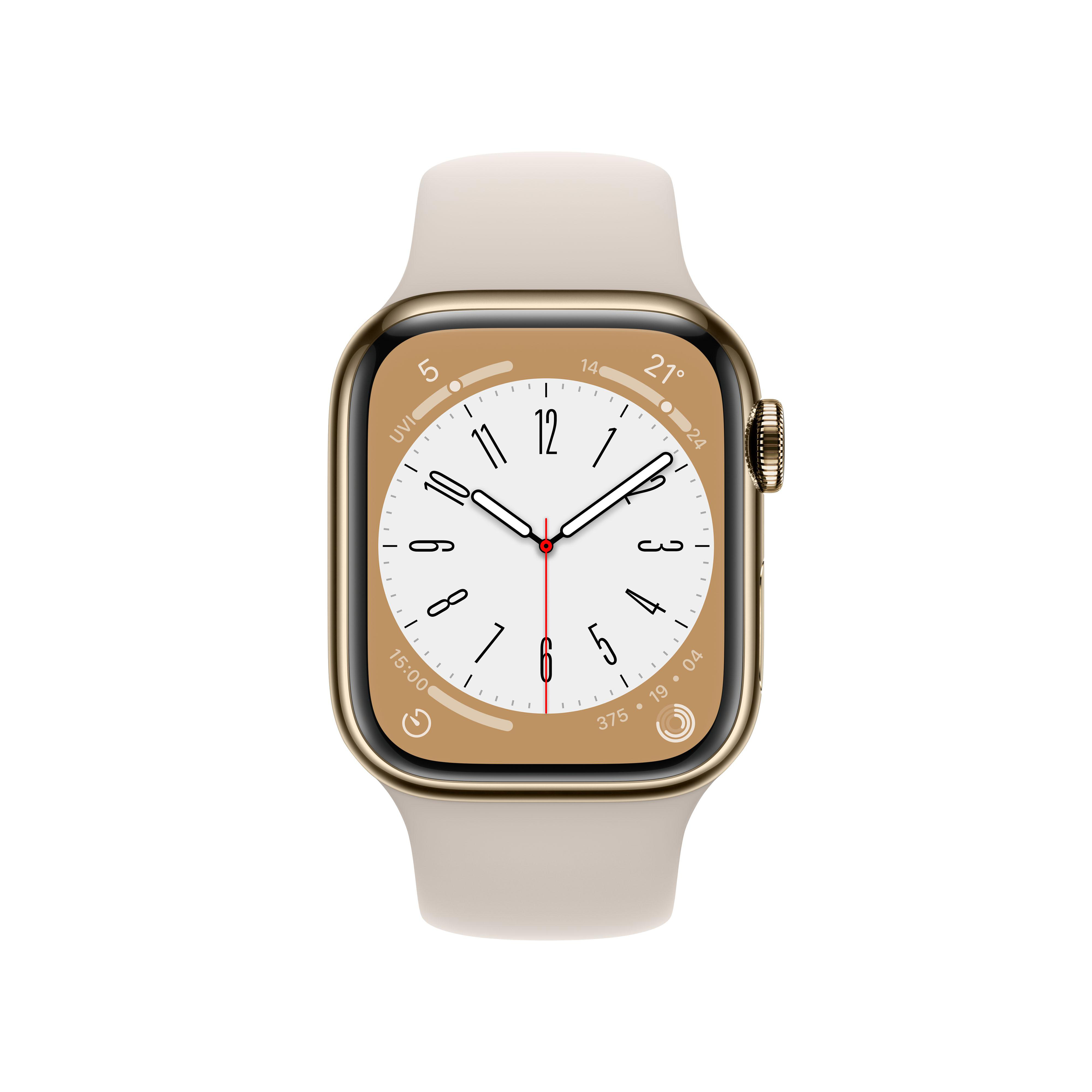 APPLE Watch Series 8 (GPS + Cellular) 41 mm Smartwatch Edelstahl Fluorelastomer, 130 - 200 mm, Armband: Polarstern, Gehäuse: Gold