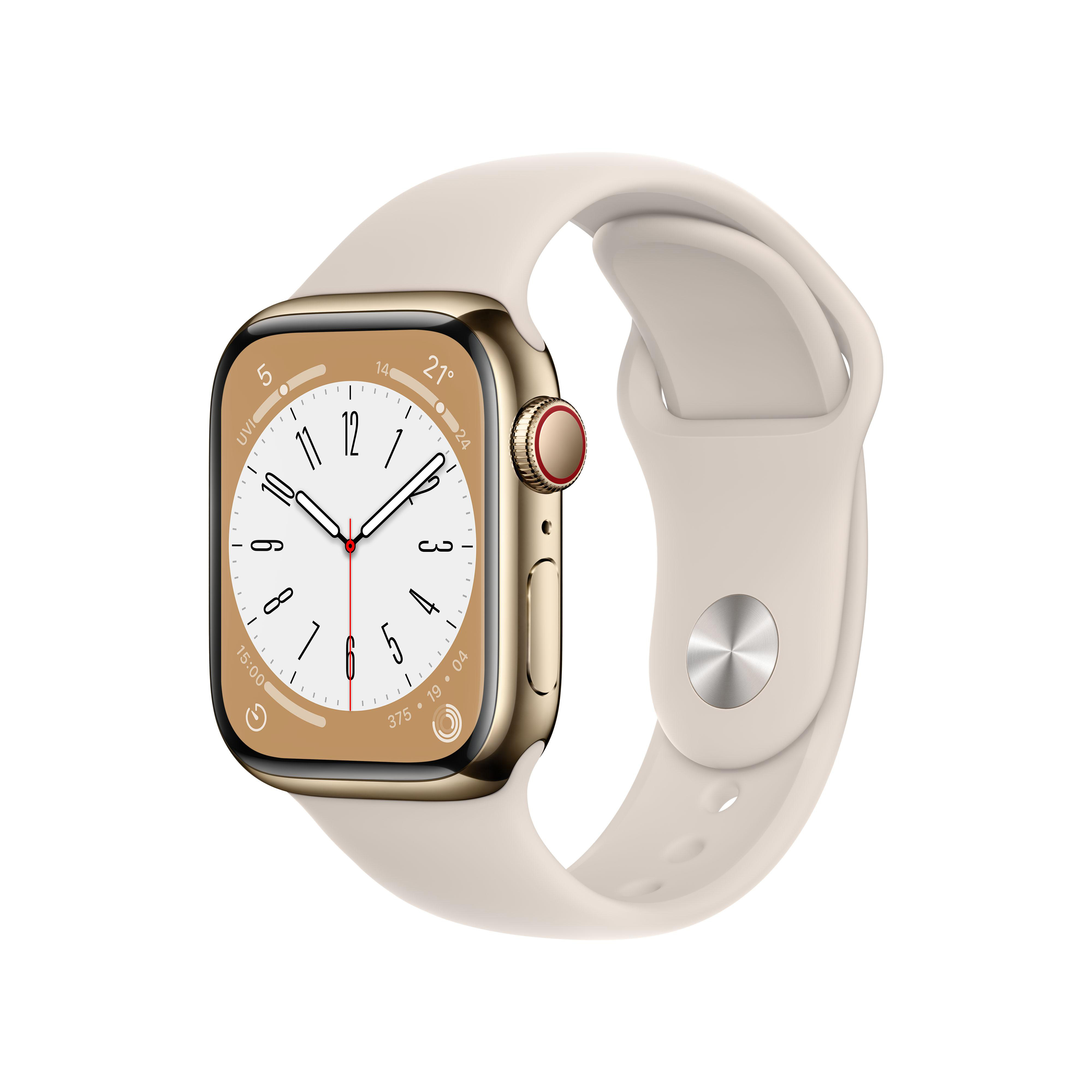 APPLE Watch Series 8 (GPS + Cellular) 41 mm Smartwatch Edelstahl Fluorelastomer, 130 - 200 mm, Armband: Polarstern, Gehäuse: Gold