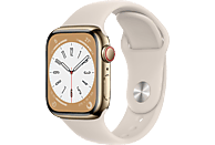 APPLE Watch Series 8 (GPS + Cellular) 41 mm Smartwatch Edelstahl Fluorelastomer, 130 - 200 mm, Armband: Polarstern, Gehäuse: Gold