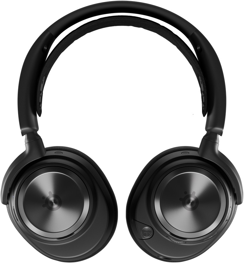 Schwarze Over-Ear-Kopfhörer, Draufsicht. Die Kopfhörer haben Ohrmuscheln, einen Kopfbügel und ein Logo.