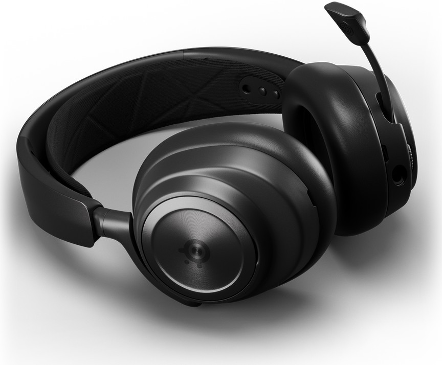 Schwarzes Gaming-Headset auf weißer Oberfläche. Mit Mikrofon und gepolstertem Kopfbügel.