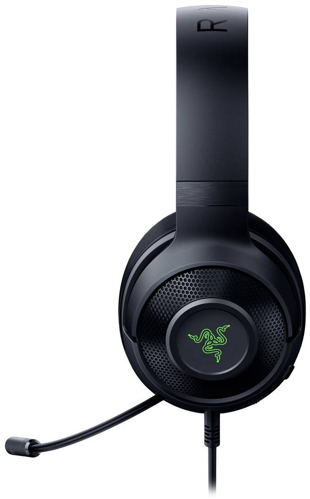 Schwarzes Headset mit Mikrofon. Das Logo ist grün. Der Hintergrund ist weiß.