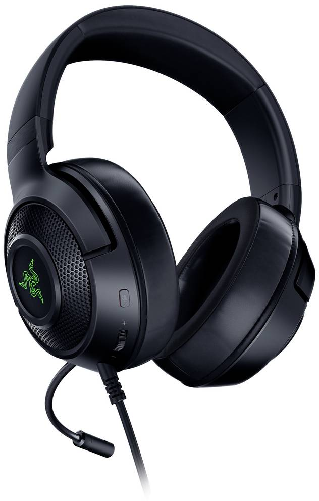 Schwarzes Razer Gaming-Headset mit Mikrofon und Lautstärkeregler, beleuchtetes Razer-Logo.