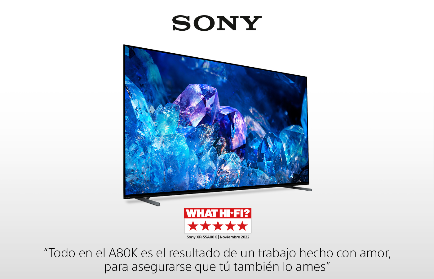 Un televisor Sony con cristales azules, logotipo de Sony arriba, reseña What Hi-Fi? y texto abajo.