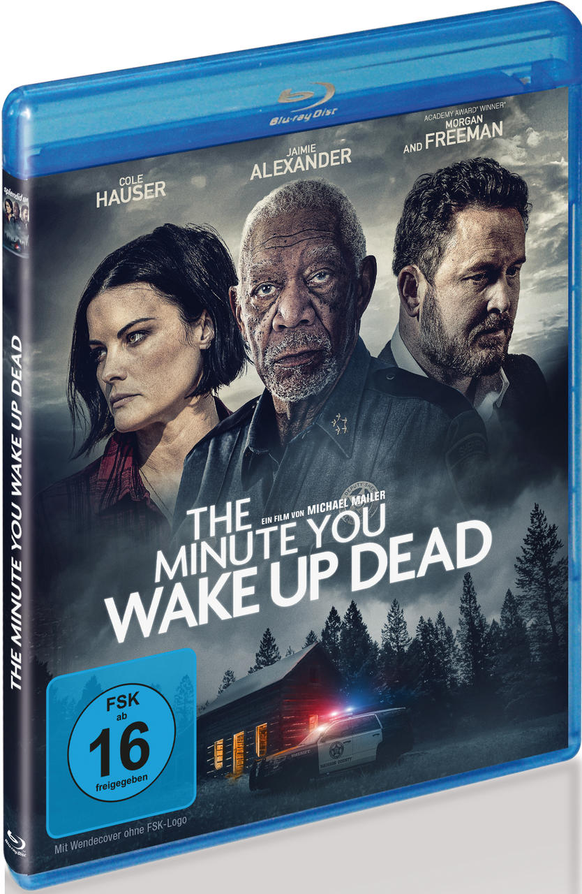 Blu-ray-Cover: Schauspieler vor verschwommenem Haus und Auto, Filmtitel 'The Minute You Wake Up Dead'.