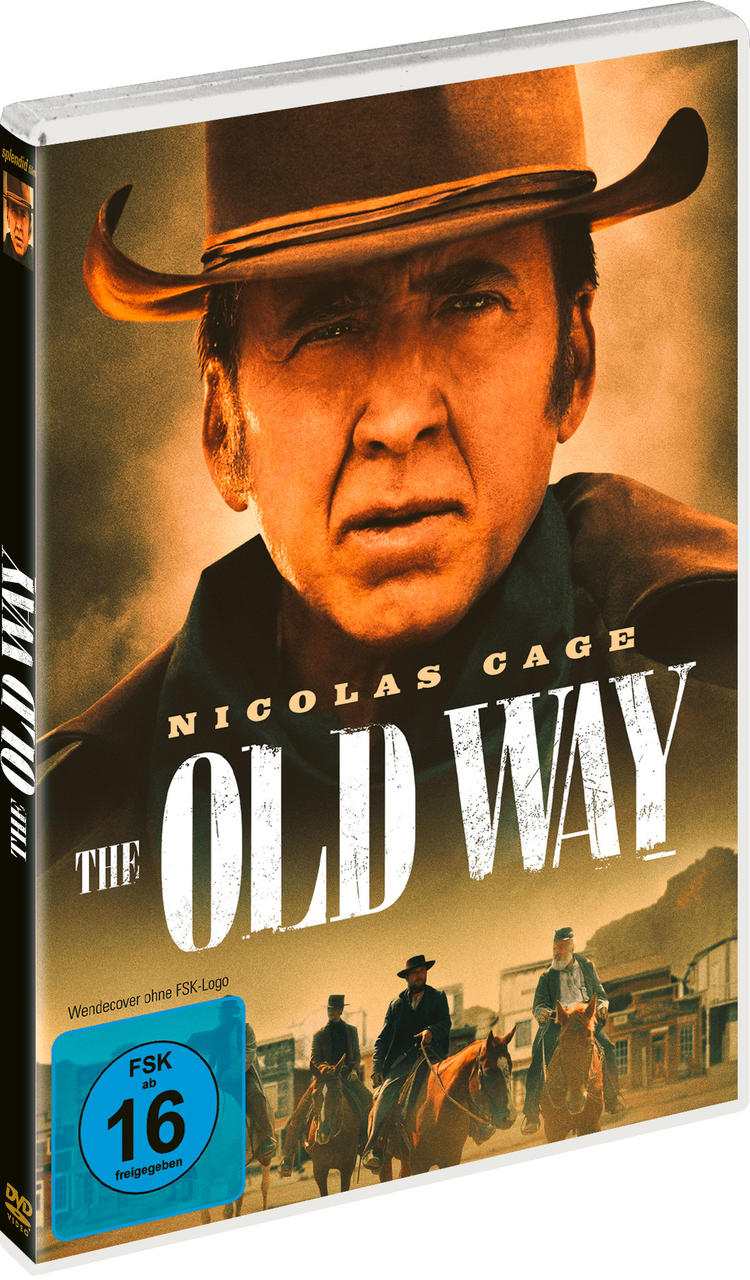 DVD-Hülle für „The Old Way“. Nicolas Cage mit Cowboyhut, Hintergrund einer Westernstadt.