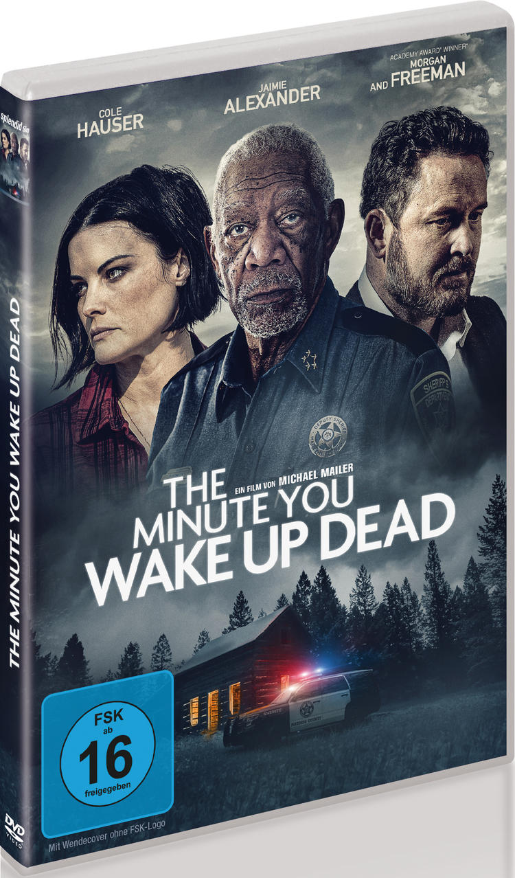 DVD-Hülle eines Films mit dem Titel „The Minute You Wake Up Dead“, mit Schauspielern und einem Polizeiauto.
