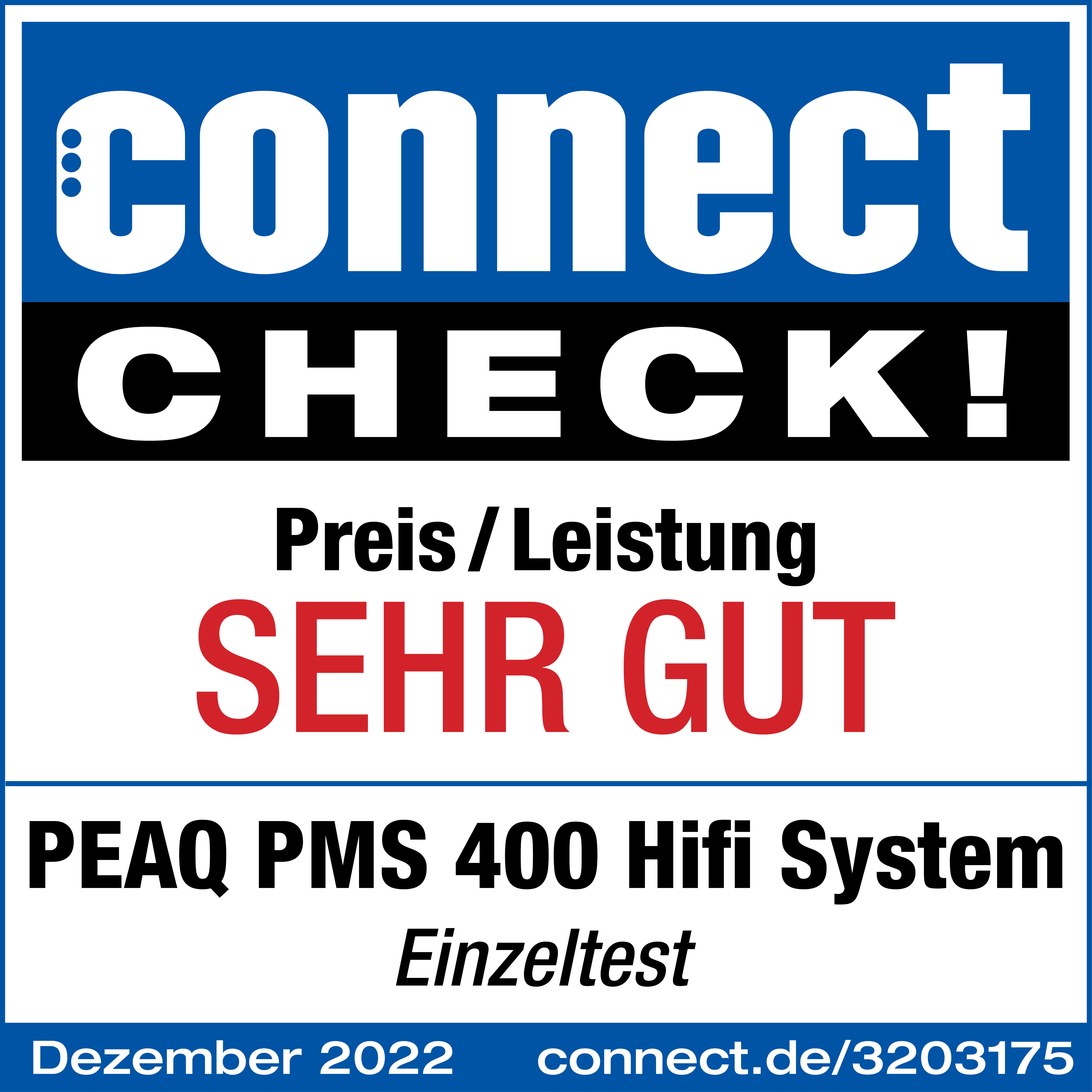 Connect Check, Text 'SEHR GUT', 'PEAQ PMS 400 Hifi System', Dezember 2022.