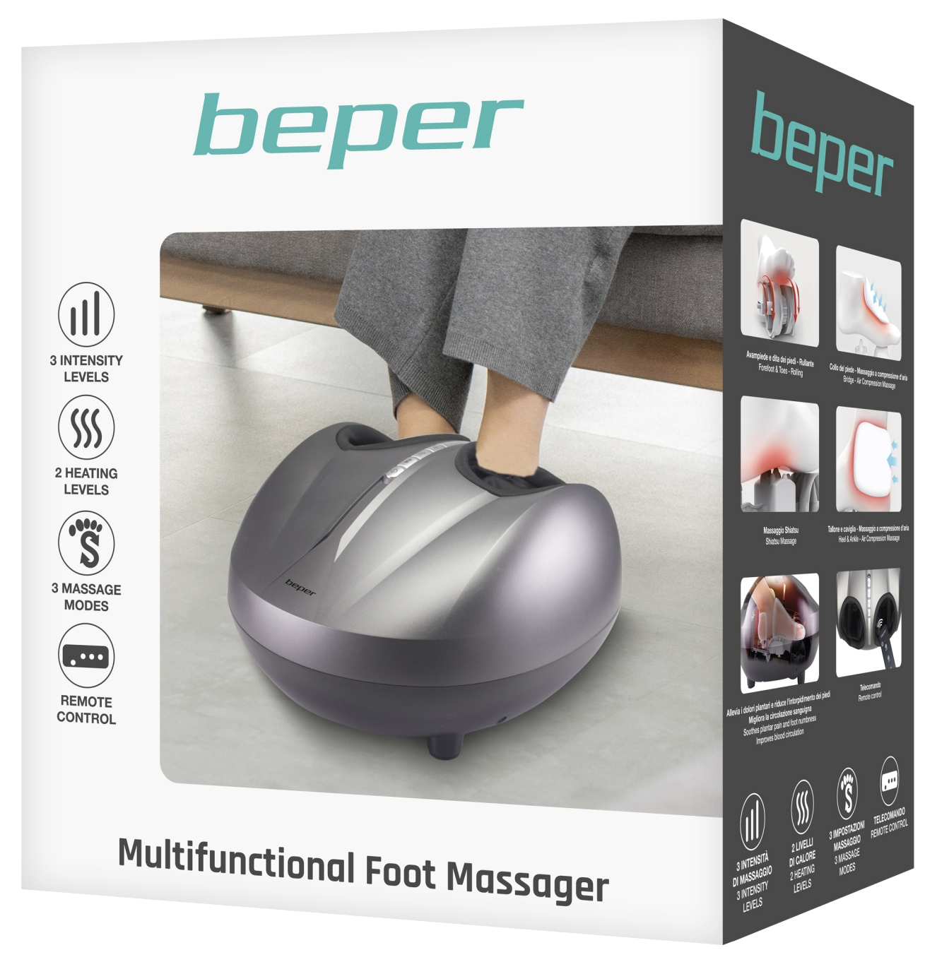 Láb masszírozó a kijelzőn, lábak belül, funkció ikonok és egy doboz termék infóval.