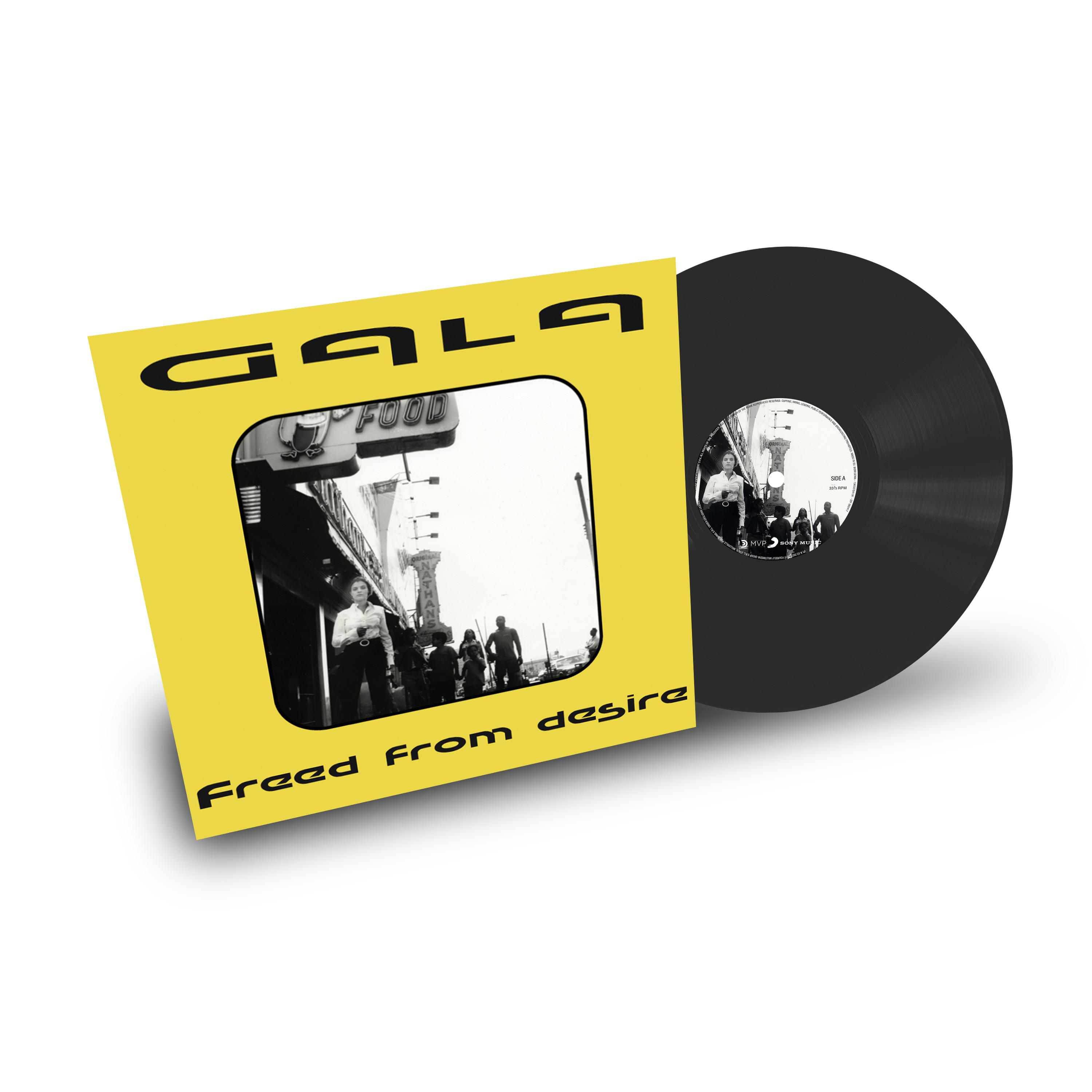 Gelbes Albumcover mit schwarzer Vinyl-Schallplatte, Bandname 'GALA' und Text.