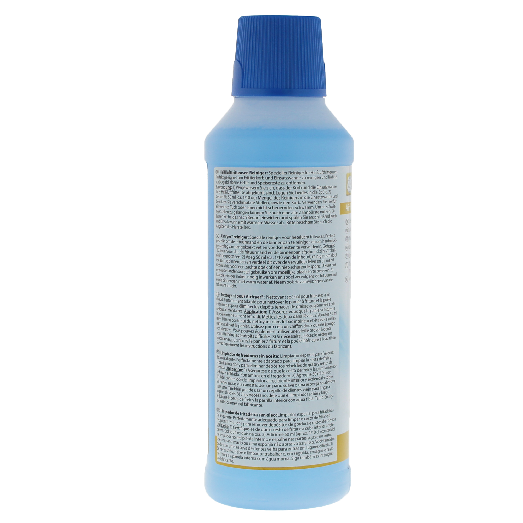 Botella de solución de limpieza azul. El texto de la etiqueta es visible, con tapa azul.