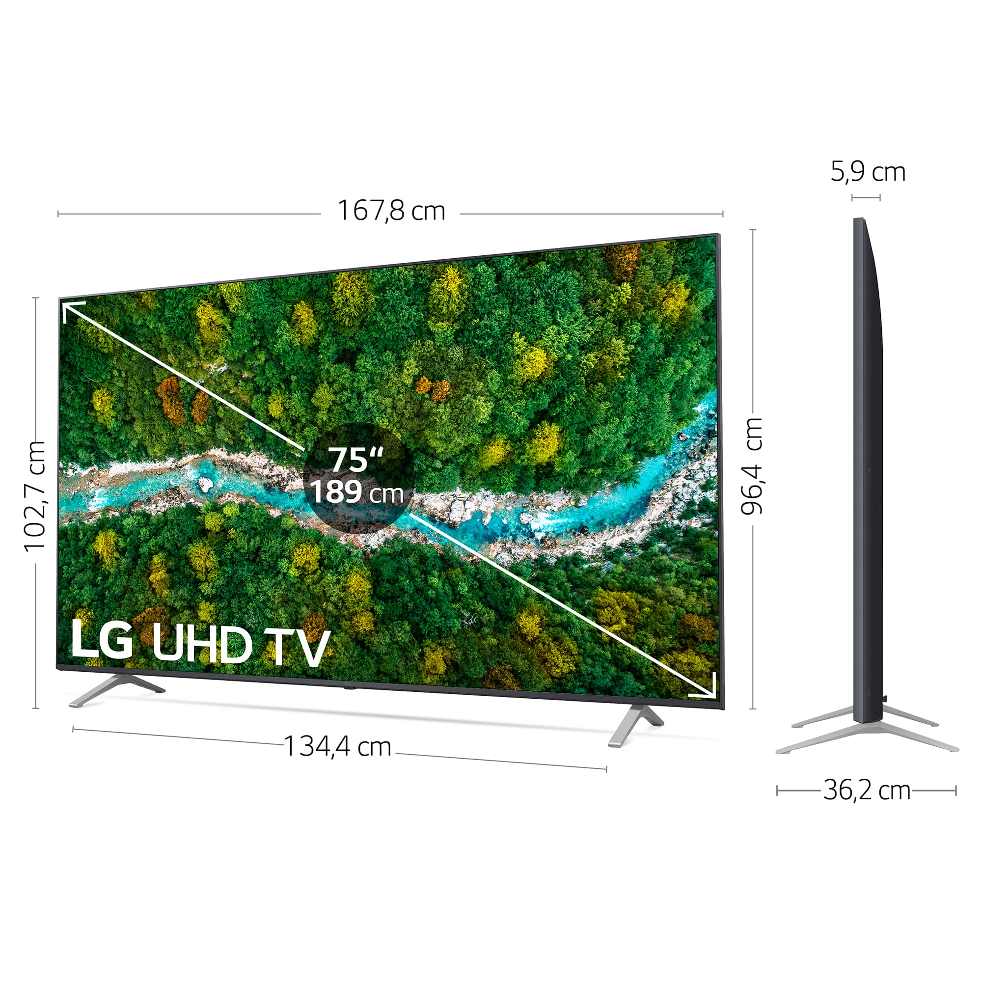 TV LG UHD de 75" con dimensiones mostradas. El televisor muestra una escena de bosque con un río.