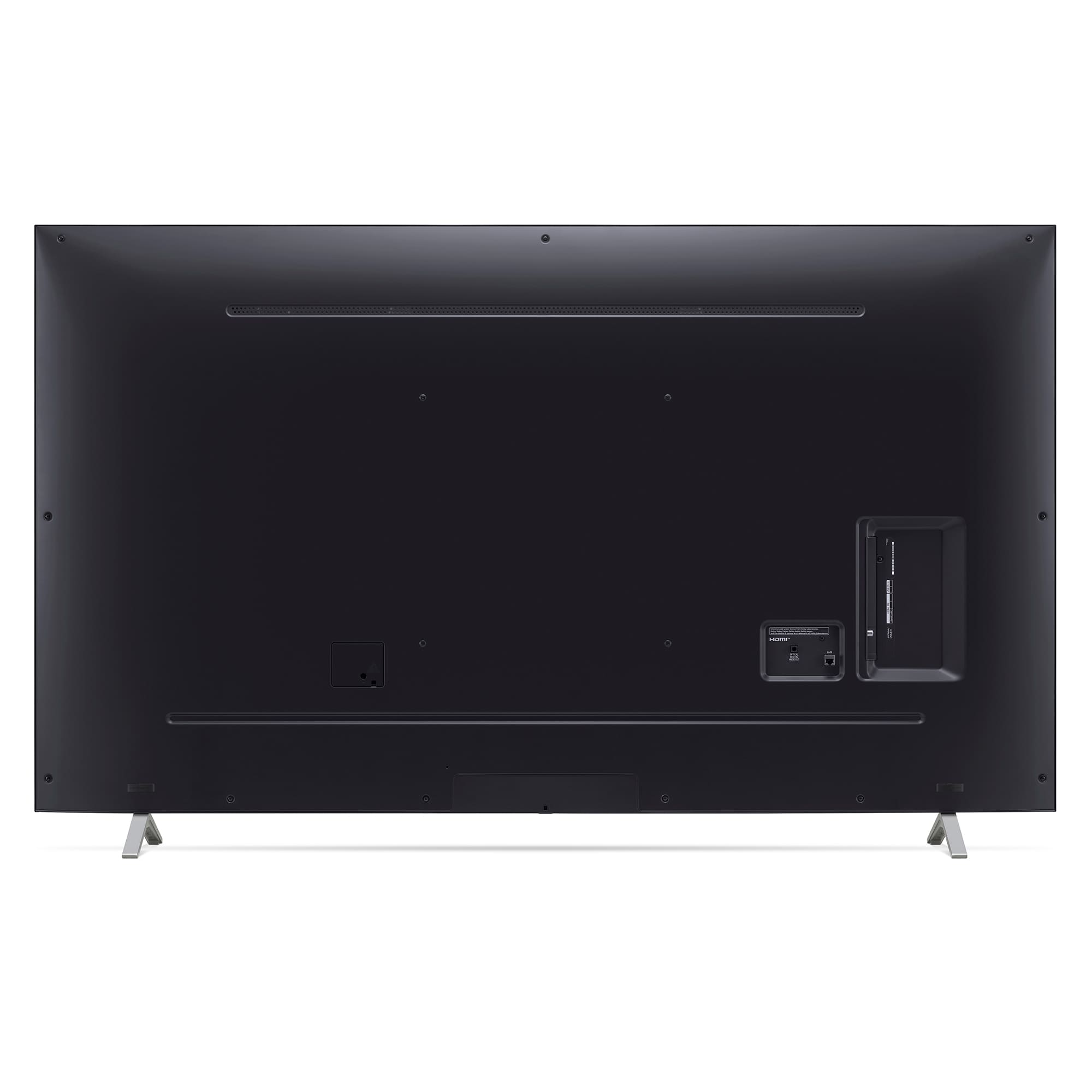 La parte trasera de un televisor. Es negra con puertos para conectar dispositivos y soportes para el televisor.