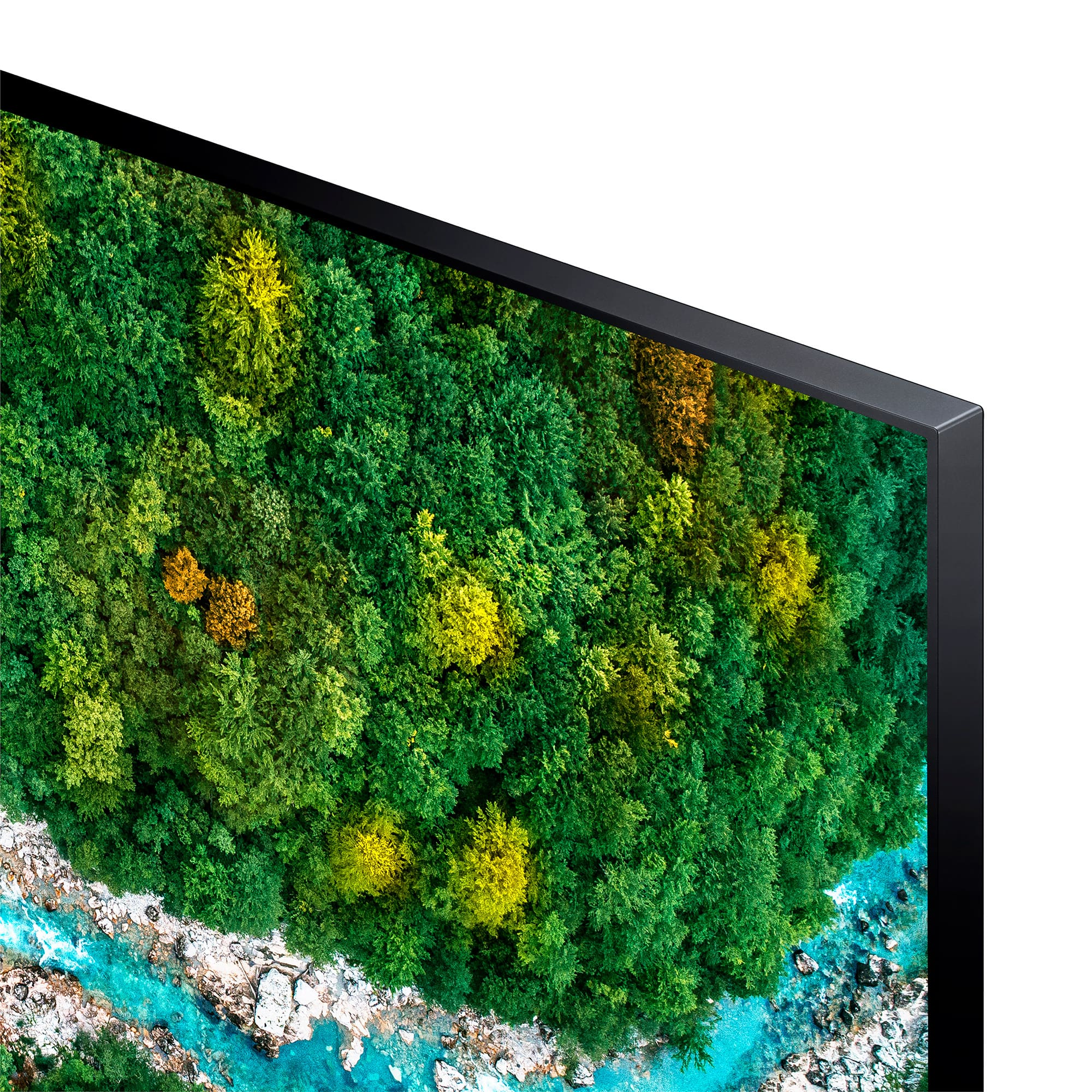 Primer plano de una pantalla de TV que muestra un paisaje forestal con árboles verdes, amarillos y un río.