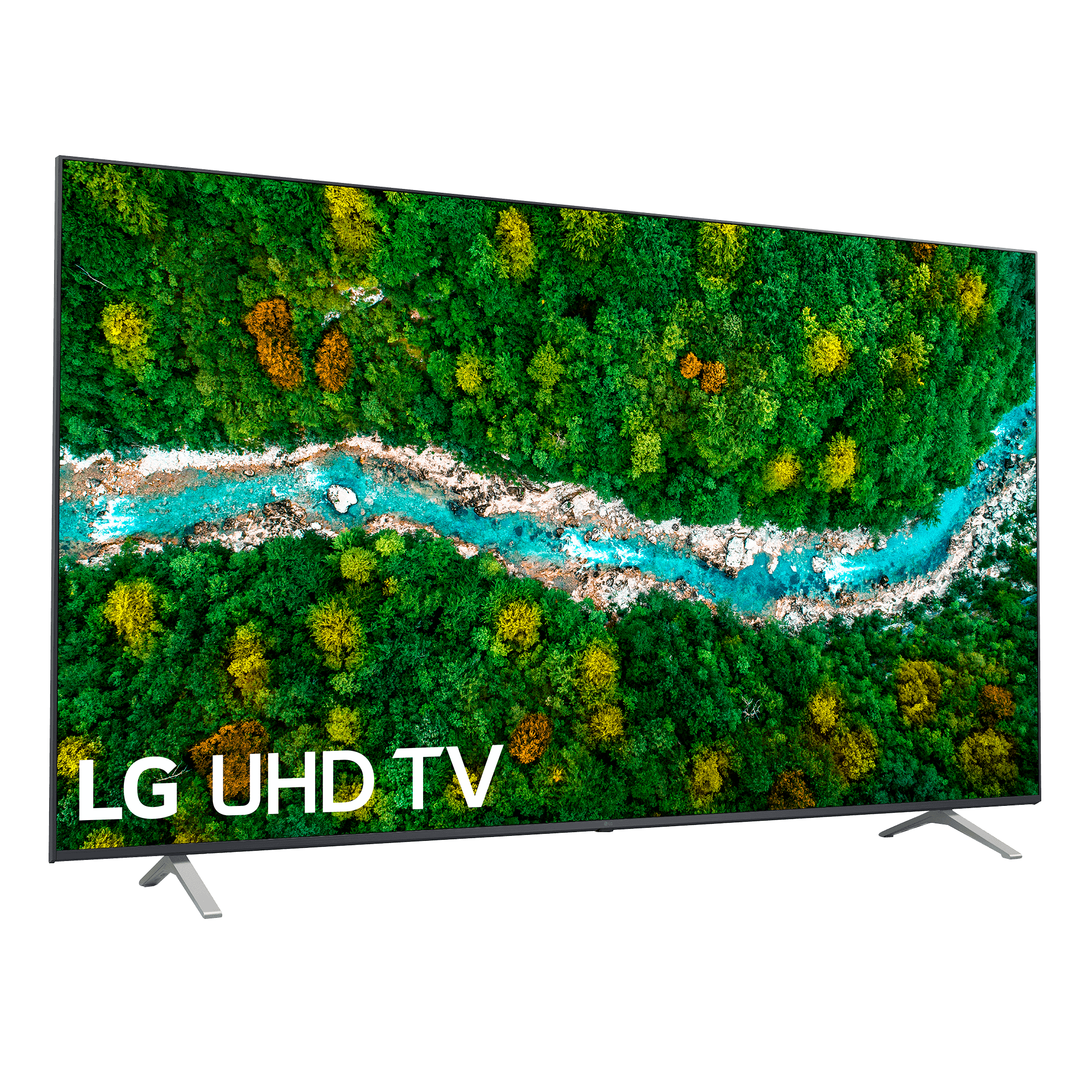 TV LG UHD mostrando una vibrante escena de bosque con un río que lo atraviesa.