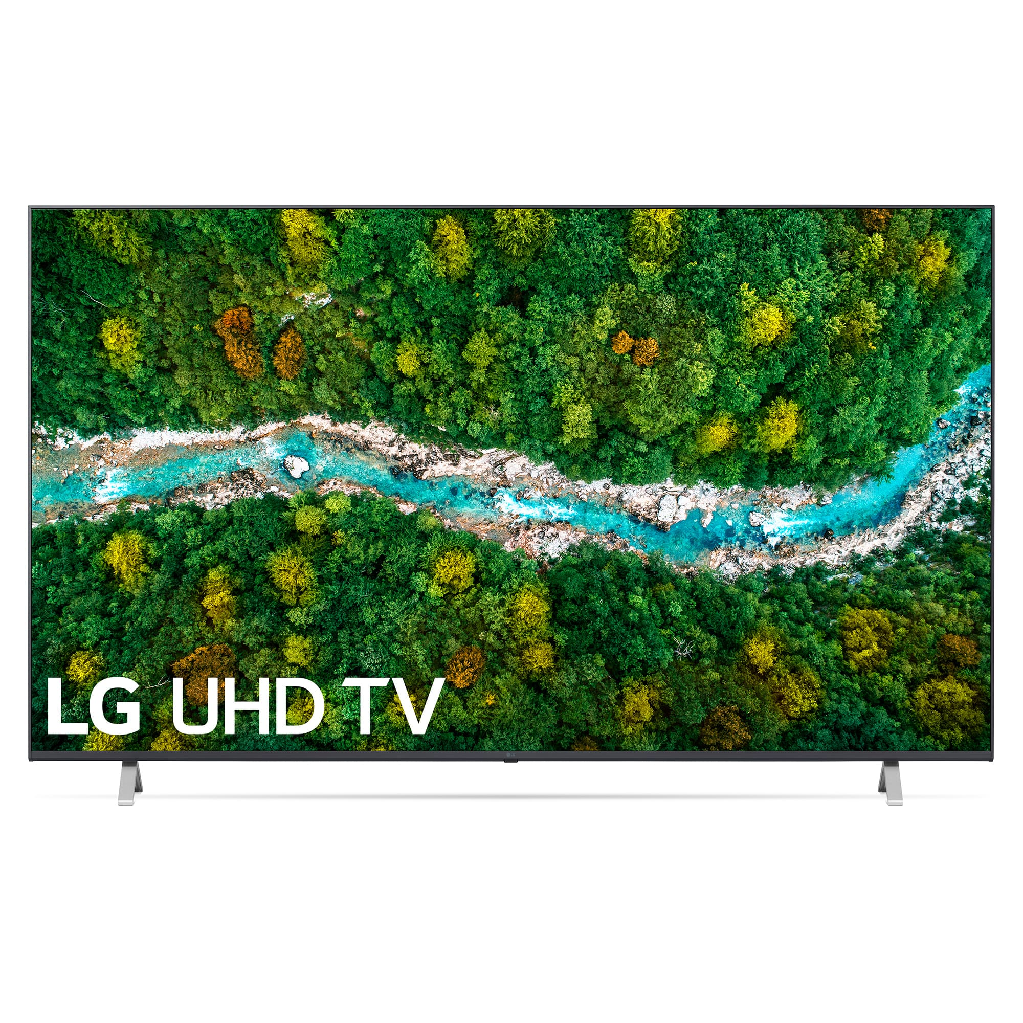 LG UHD TV, mostrando una vista aérea vibrante de un bosque y un río. Marca visible.