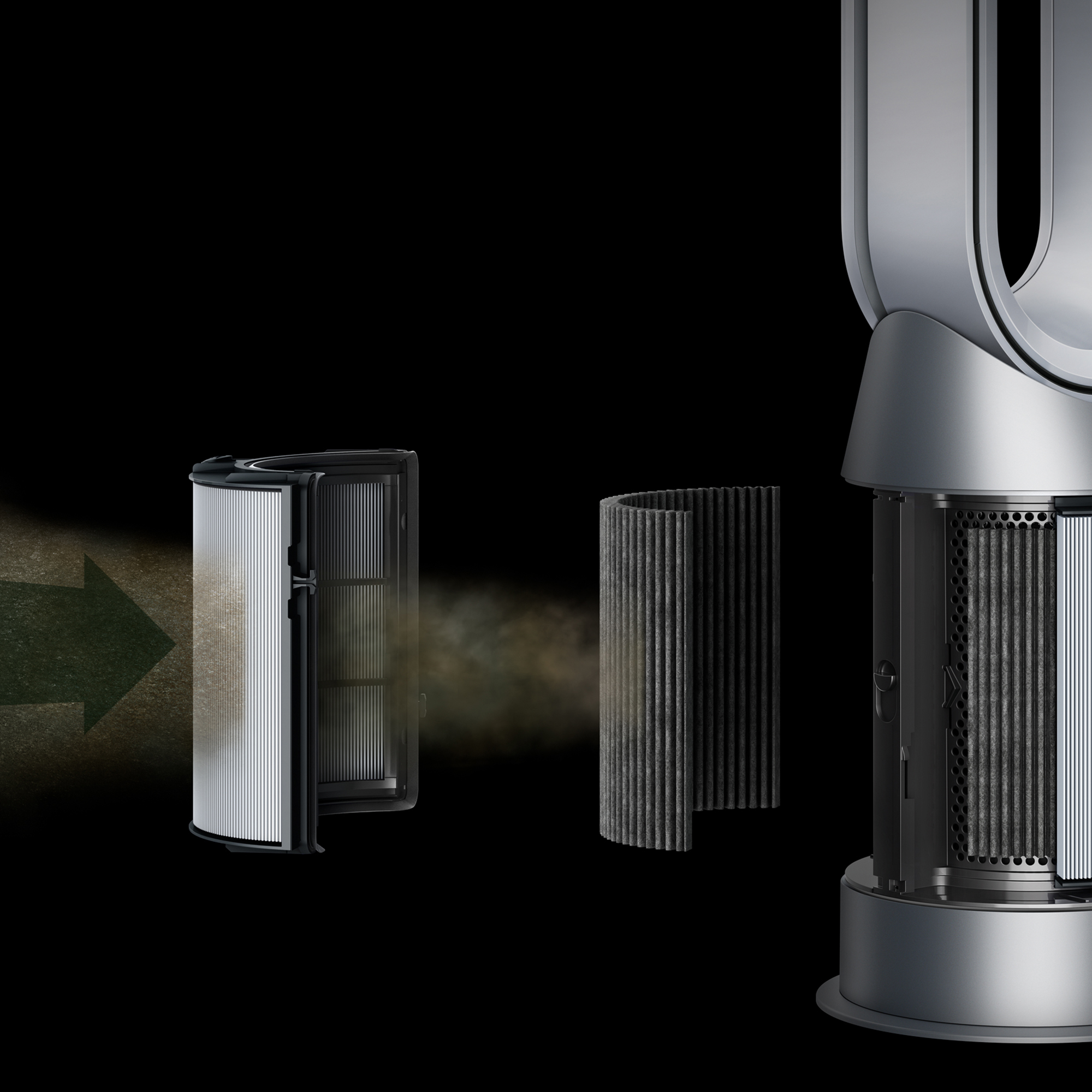Dyson luchtreiniger met filters. Filter wordt vervangen, vuile en schone kanten worden getoond.