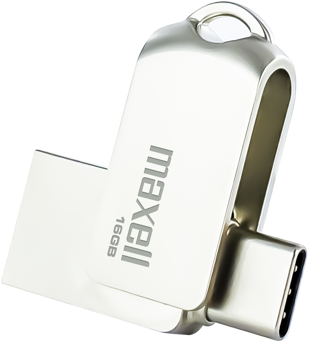 Ezüst USB meghajtó 'maxell' és '16GB' felirattal, USB-C csatlakozóval.