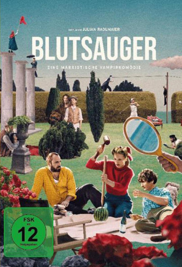 Filmposter mit einer surrealen Szene, die Figuren und den Titel 'BLUTSAUGER' (Vampir) zeigt.