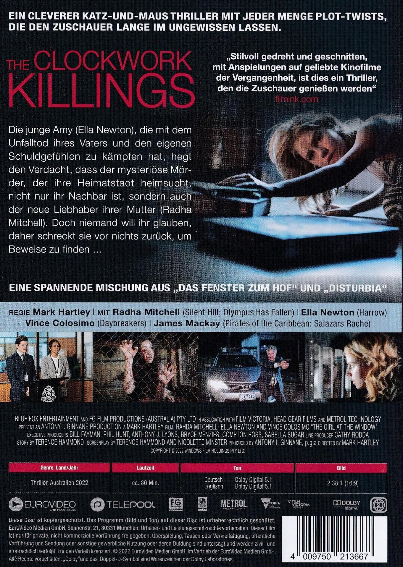 DVD-Cover für 'The Clockwork Killings' mit einer Frau, die durch ein Fenster schaut.