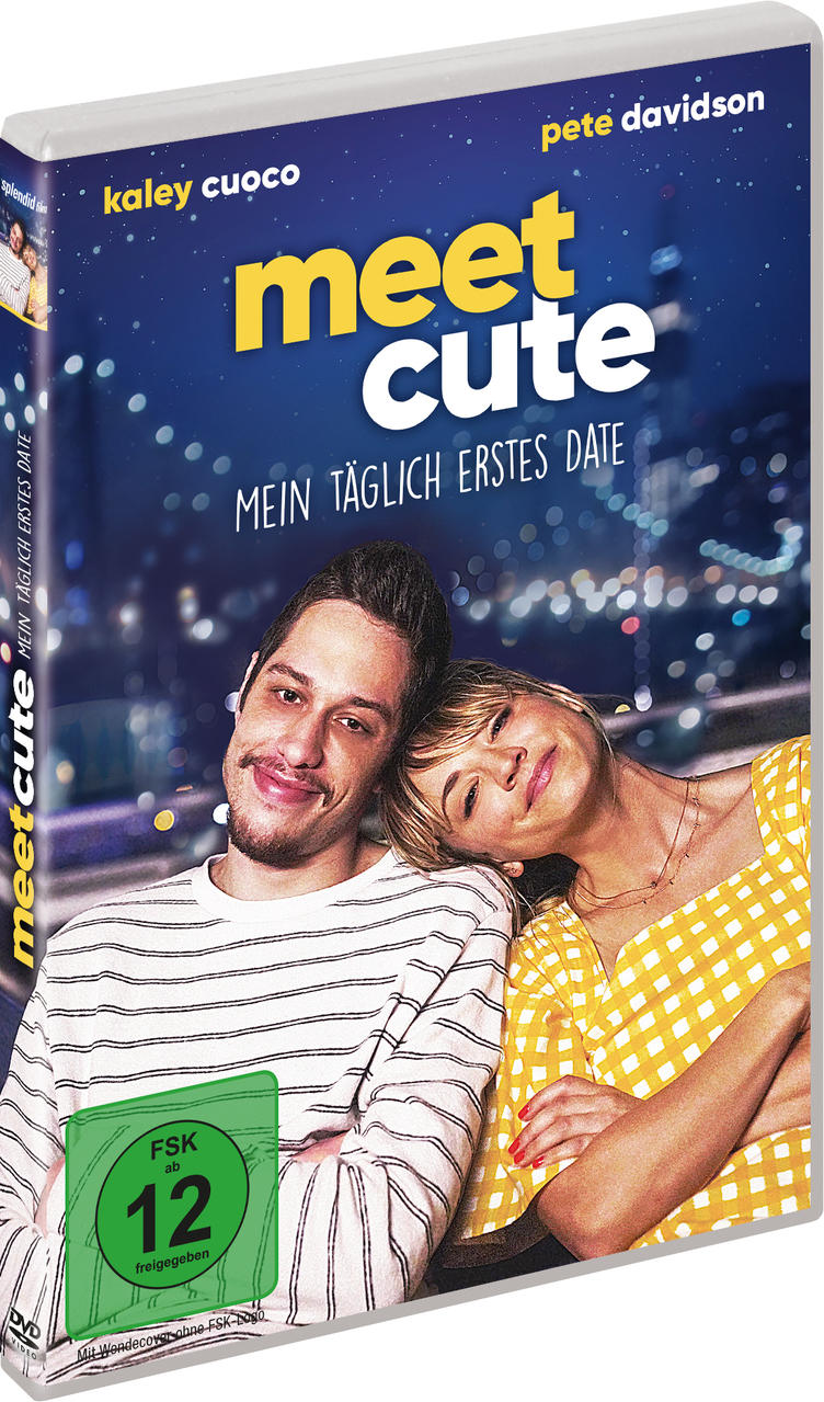 DVD-Cover von 'Meet Cute' mit Schauspielern, Stadtkulisse und gelbem Titel.