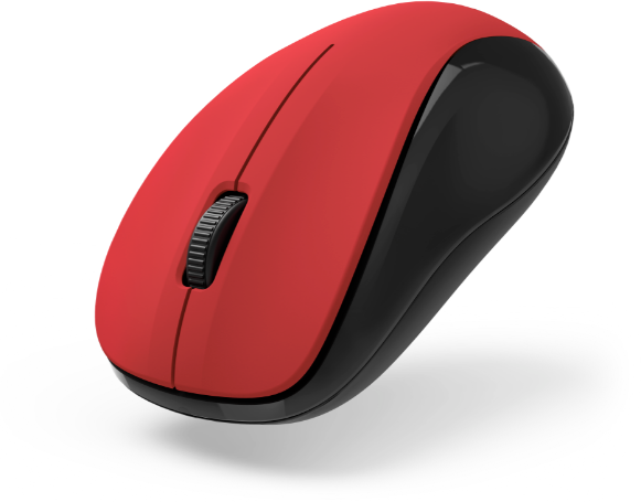 Eine rot-schwarze Computermaus mit einem Scrollrad und einem glatten Design.