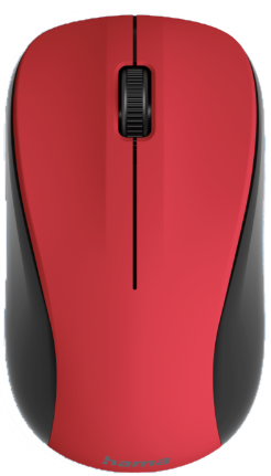 Rote und schwarze Computermaus, Draufsicht. Sie hat ein Scrollrad und zwei Tasten.
