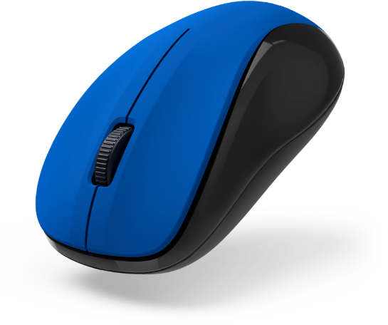 Blaue und schwarze kabellose Maus mit Scrollrad auf weißem Hintergrund.