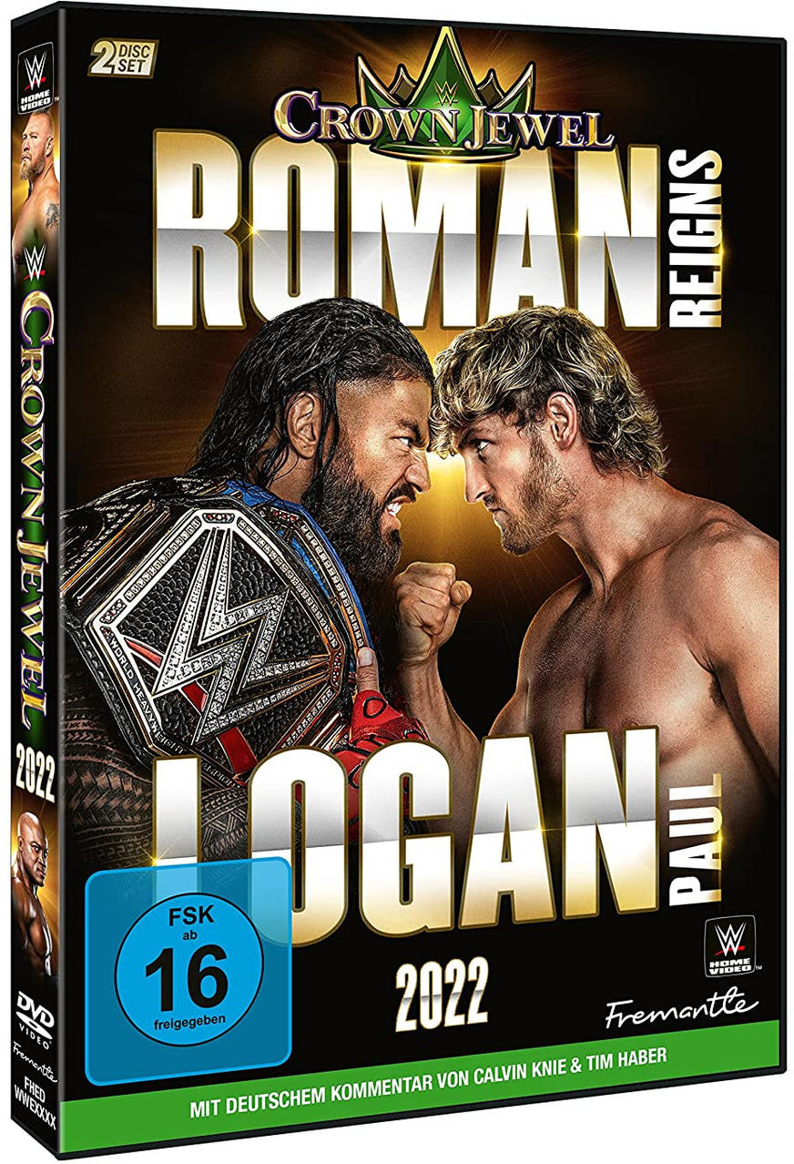 DVD-Cover. Roman Reigns und Logan Paul stehen sich gegenüber. WWE Crown Jewel 2022.