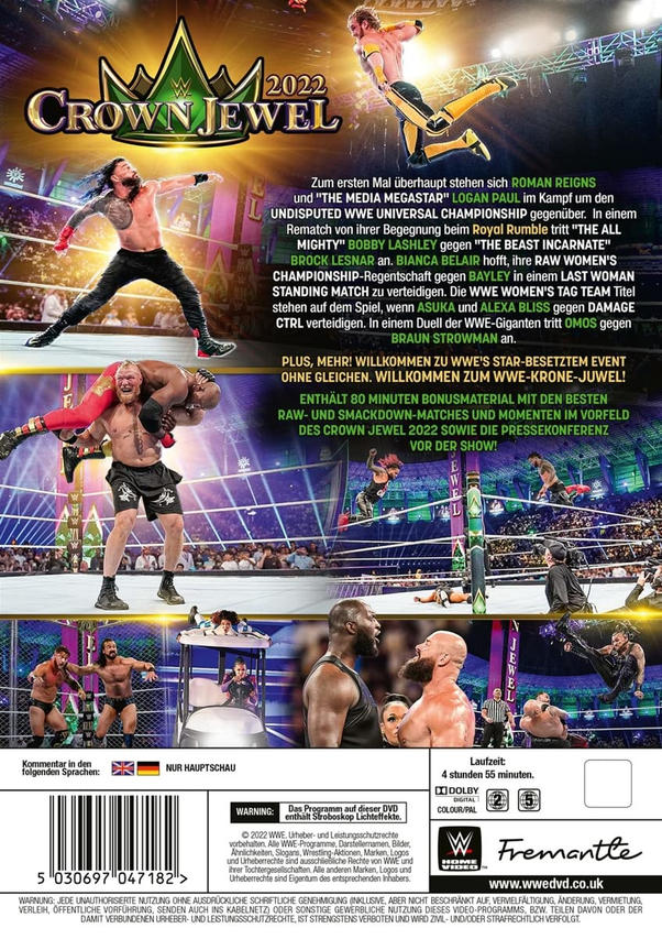 DVD-Cover mit Bildern von Wrestlern, Publikum, Text, Logos und dem Label WWE Crown Jewel 2022.