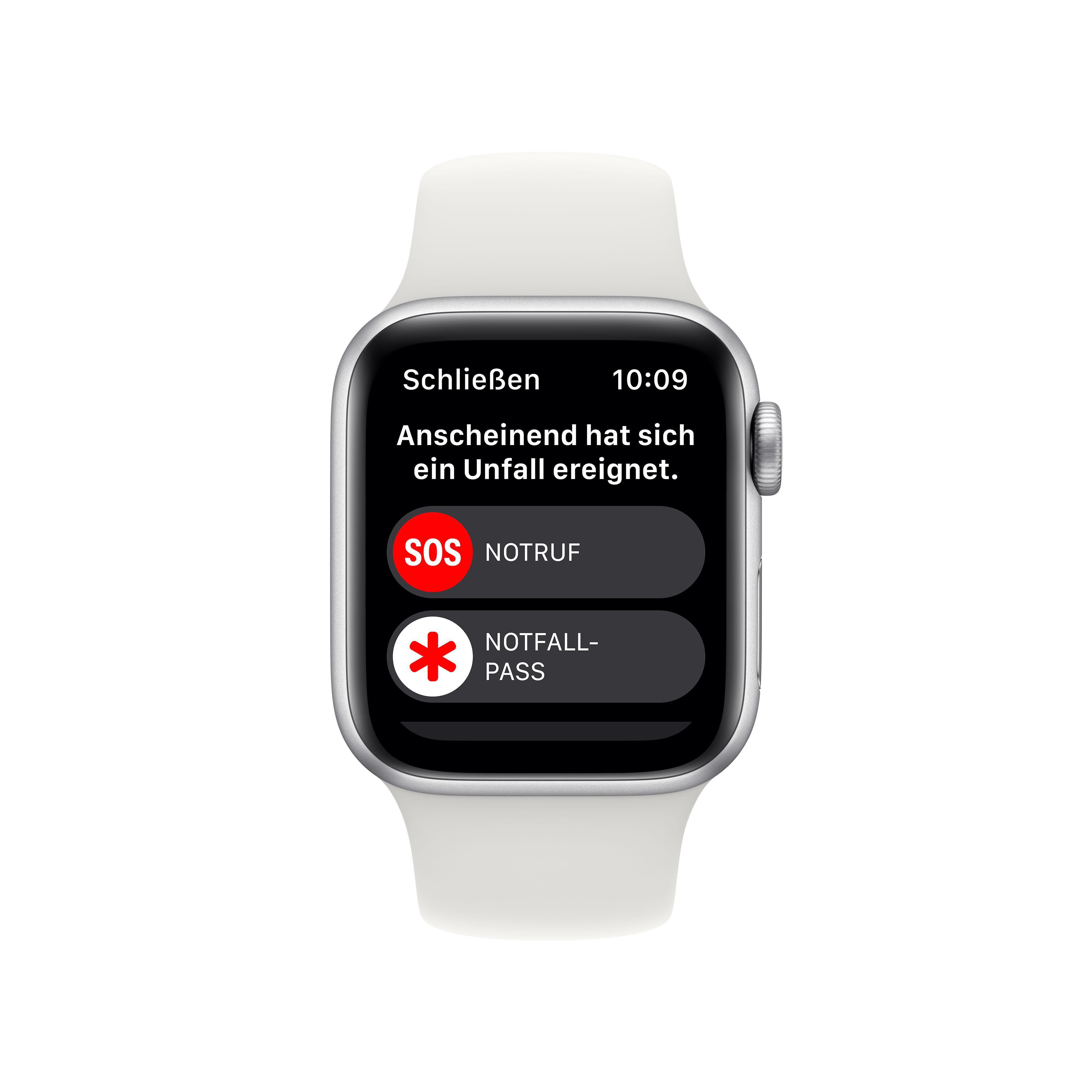 Apple Watch-Bildschirm mit Unfallwarnung, SOS und Notfallpass-Optionen.