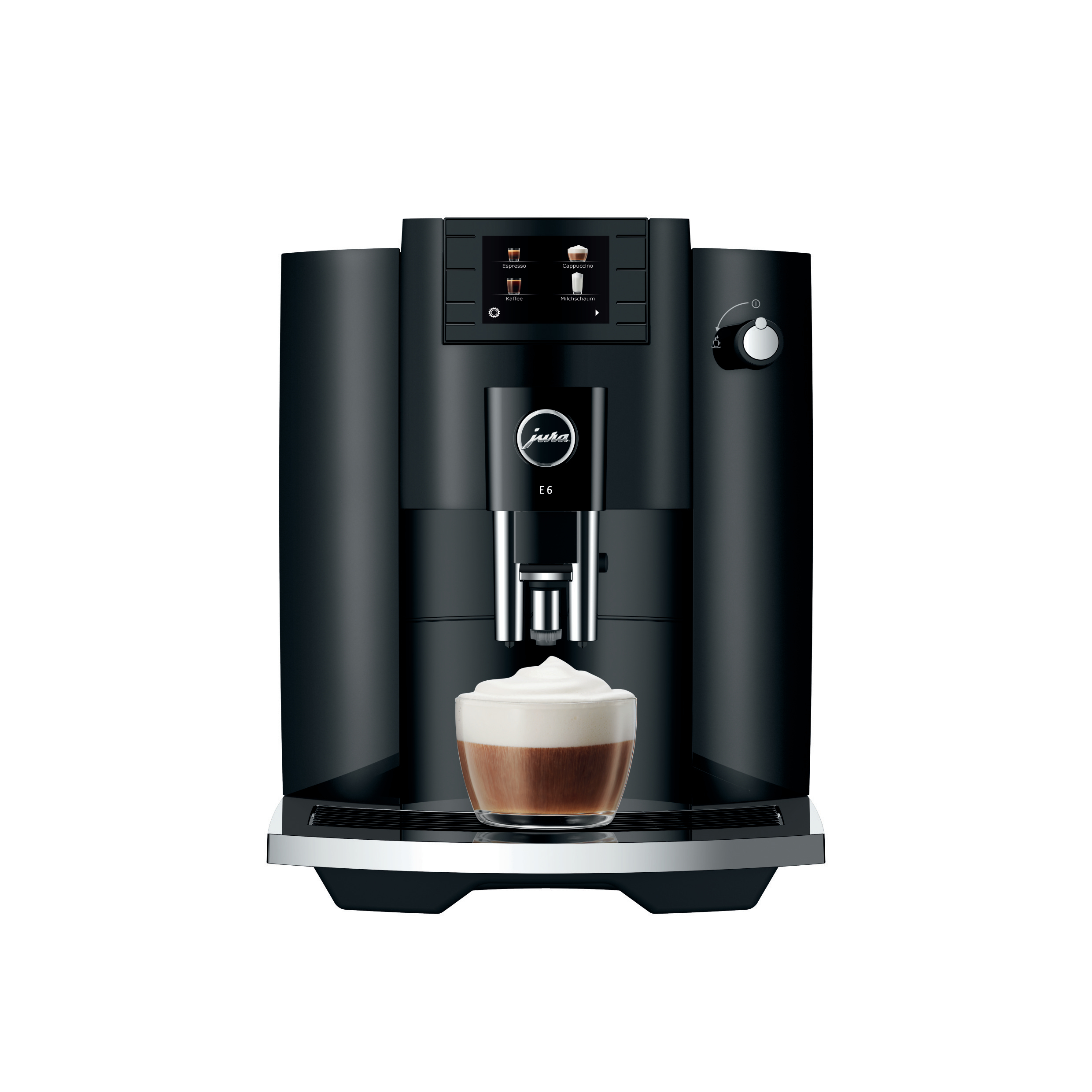 Schwarze Jura E6 Kaffeemaschine mit einer Tasse Kaffee und Schaumausgabe.