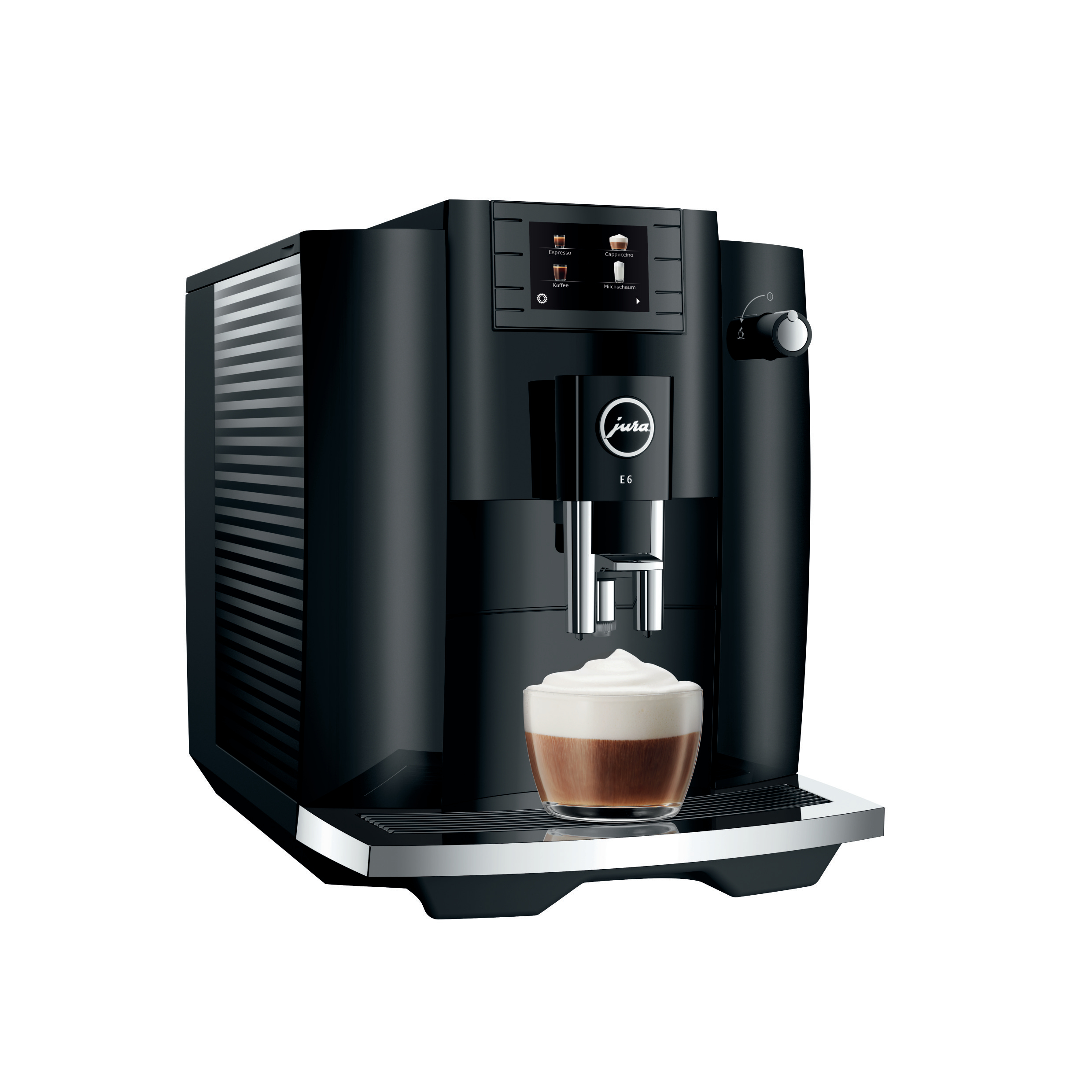 Eine schwarze Jura E6 Kaffeemaschine mit einer Tasse Kaffee, weißer Hintergrund.