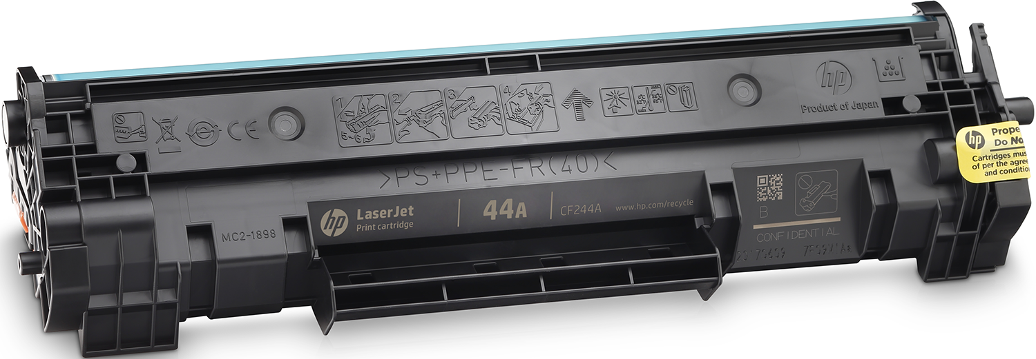 Une cartouche d'impression HP LaserJet noire avec texte, logos et un code QR, avec une étiquette jaune.